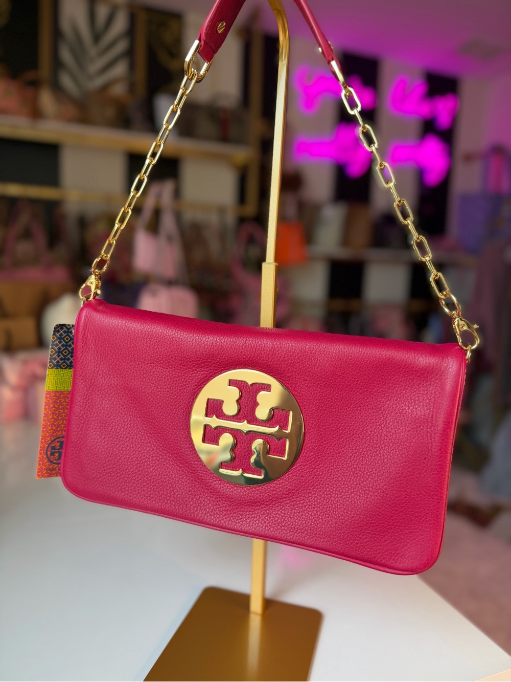 NWT Tory Burch Reva Clutch Raspberry Pink Gold Chain Shoulder Bag NEW